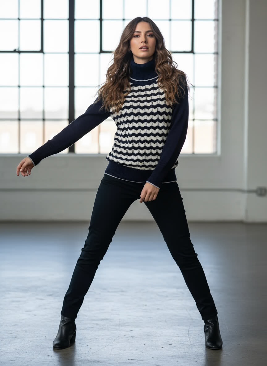 بافت یقه اسکی پاییزه کره ای ۲ رنگ سفید و آبی رنگ زمینه صورمه ای تک رنگ