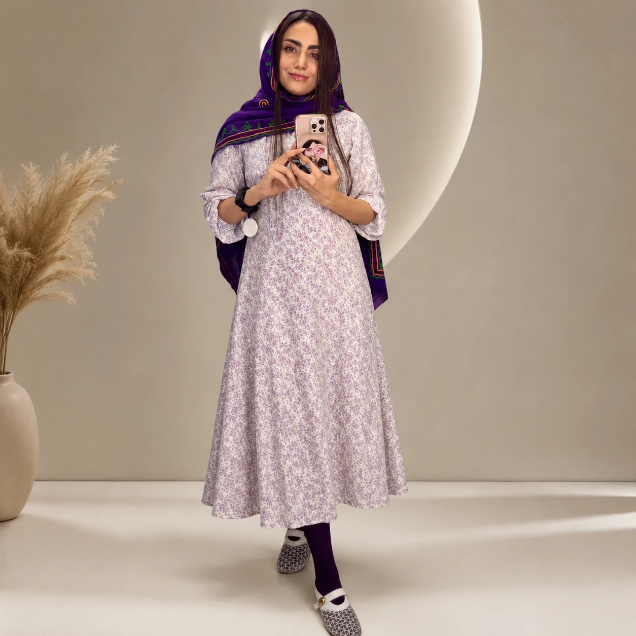 پیراهن گلدار زنانه قد ۱۲۵ مدل یقه گیپوری آستین پفی مانتو بلند تابستانی گلدار یاسی زنانه و دخترانه | قد ۱۴۰ سانت | مدل جدید بهار ۱۴۰۵